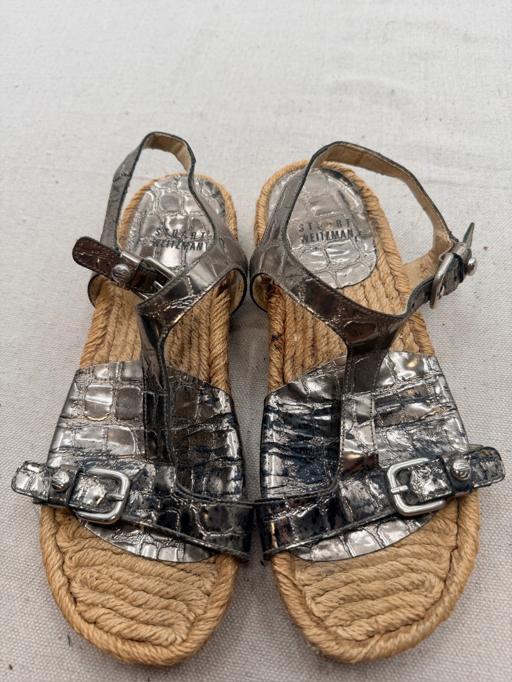 Stuart Weitzman Metallic Silver Croc-Embossed Espadrille Sandals
